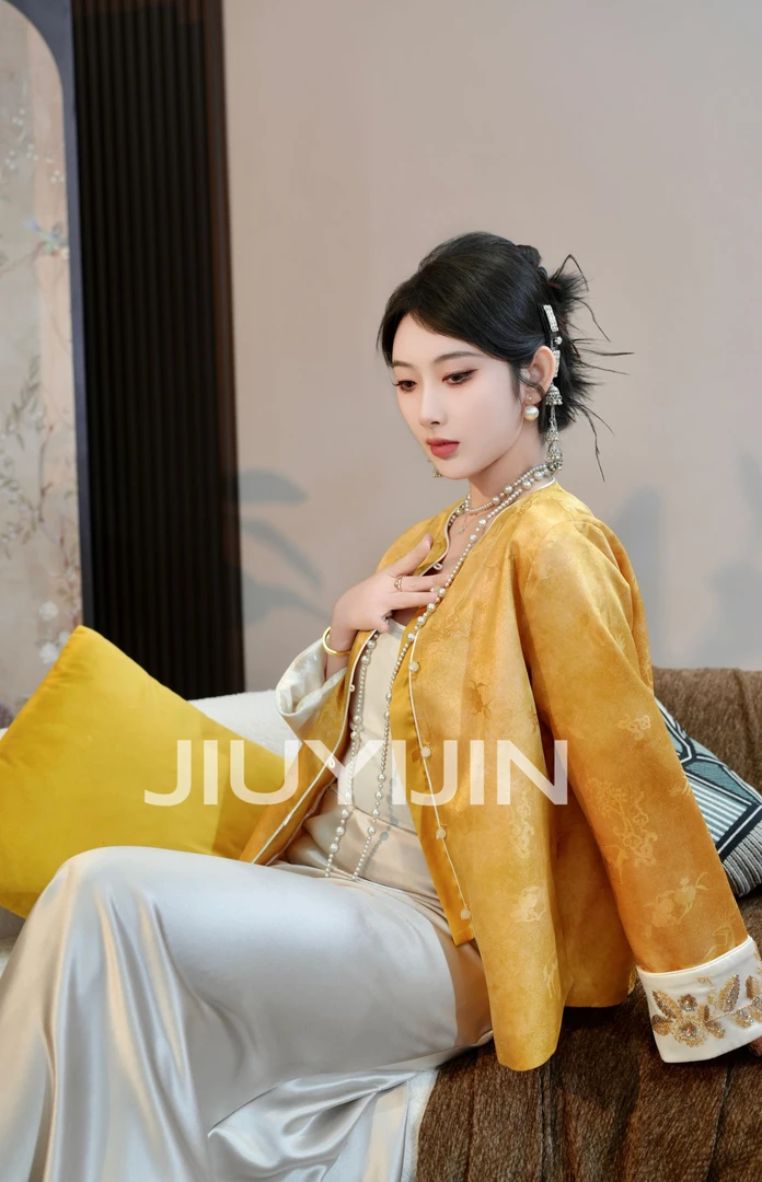 九亿锦【一路生花】 新中式春夏款中国风时尚日常复古金色薄款外套