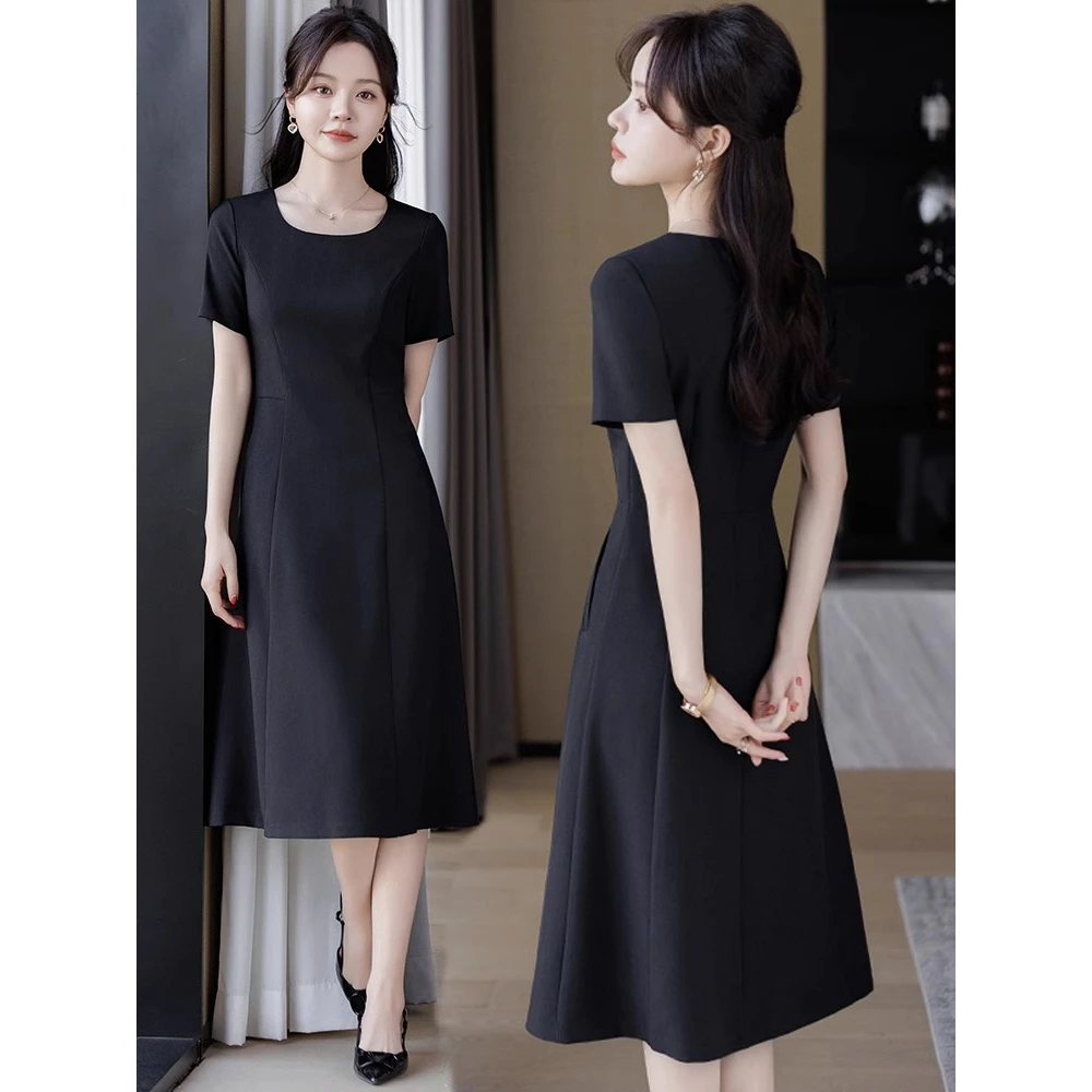 黑色短袖连衣裙女夏季2025新款高级感小个子收腰工装职业a字裙子