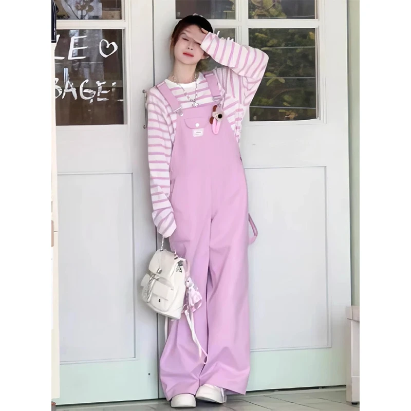 韩版百搭甜美风减龄粉色背带连体裤女时尚宽松百搭直筒阔腿裤套装