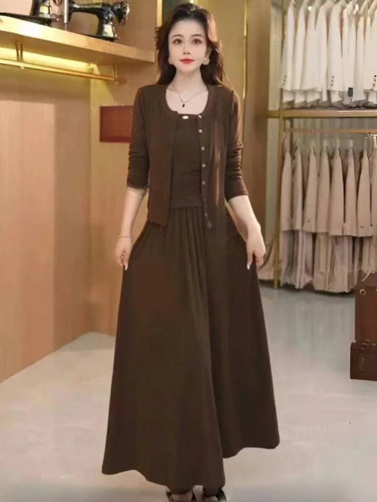 MissHuo 吊带开衫半身裙三件套 咖色 B 6913