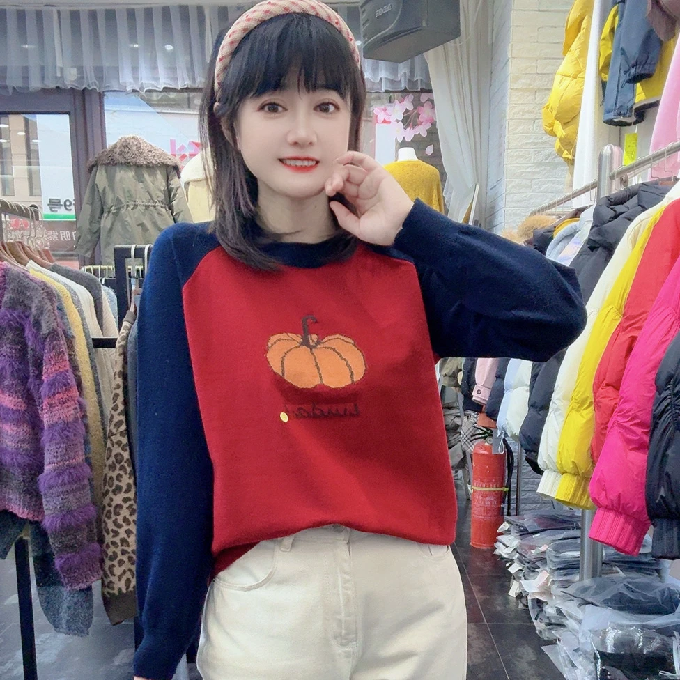 秋冬新品舒适遮肉拼接设计高级感精品南瓜针织衫毛衣打底女学院风