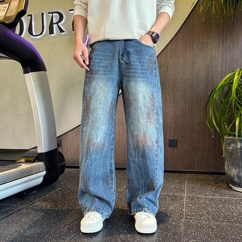 男士牛仔裤春夏季潮牌宽松阔腿高街长裤帅气潮流复古休闲直筒裤子