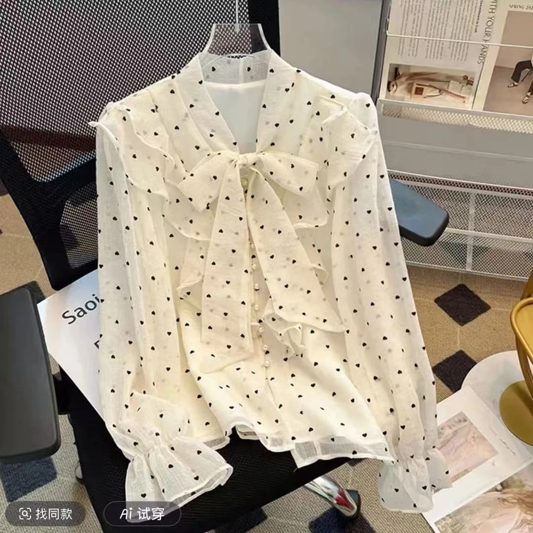 荷叶边衬衫打底衫短款波点上衣小衫春季百搭时尚
