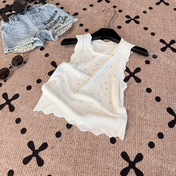 现货MZ.儿童夏季针织冰丝薄款烫钻韩系无袖背心1714