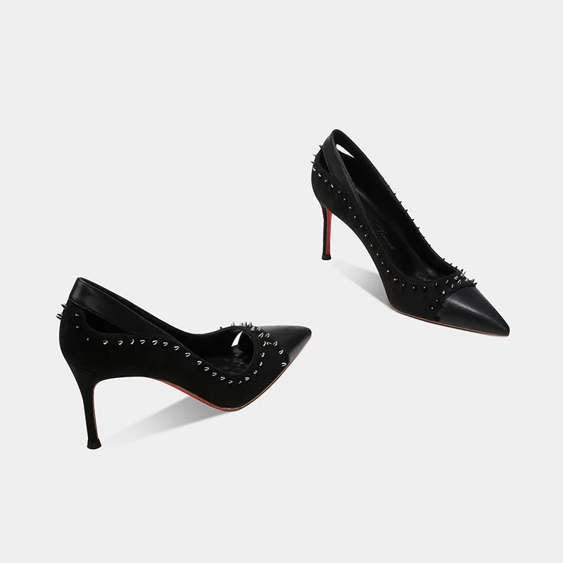 2025新款黑色尖头气质单鞋铆钉镂空轻奢百搭浅口细跟时尚高跟鞋女