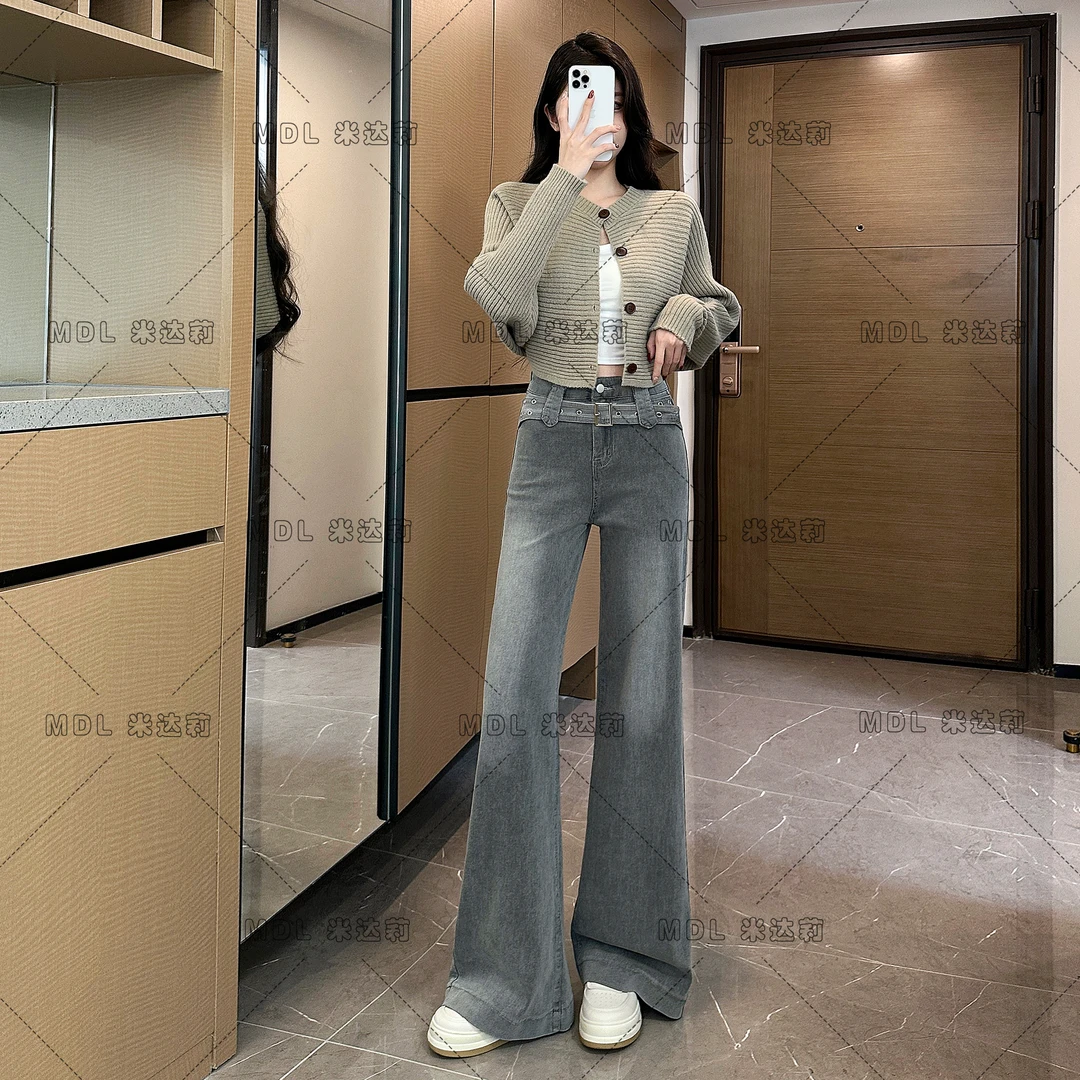 烟灰色高腰阔腿裤牛仔裤女2025新款复古水洗弹力宽松显瘦潮7922