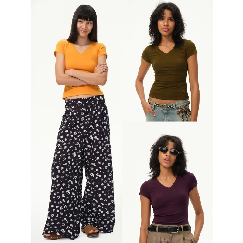 1747 高能量复古V领小飞袖T恤 修身百搭刺绣基础短袖