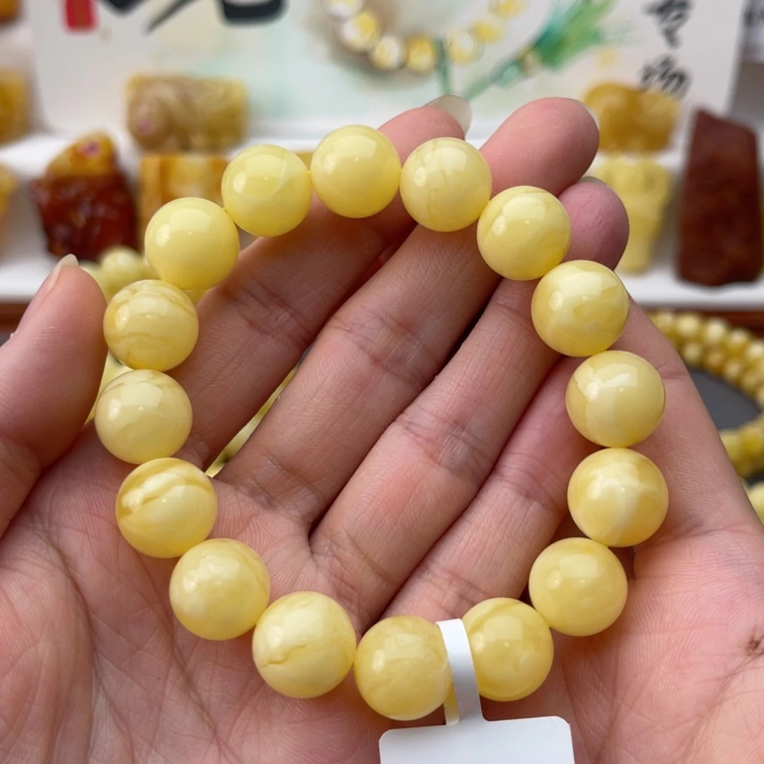 裸石琥珀未镶嵌蜜蜡圆珠手串十三➕鸽