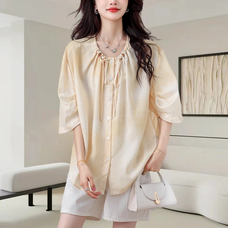 法式洋气短袖衬衫女2025夏新款宽松百搭洋气设计感大码时尚上衣
