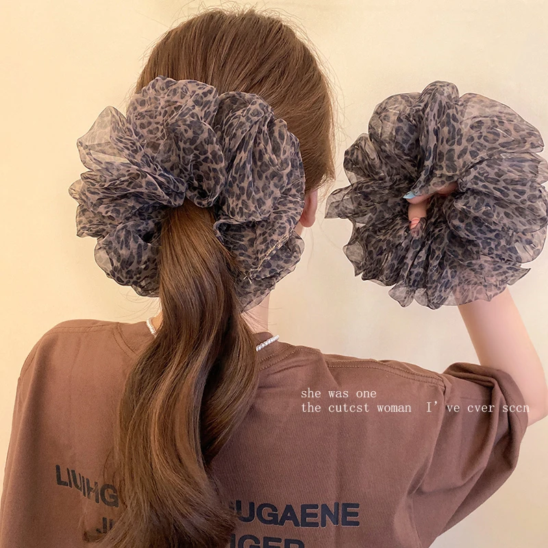 韩国超大号豹纹大肠发圈女蓬松个性头绳玻璃纱复古低马尾发绳头花