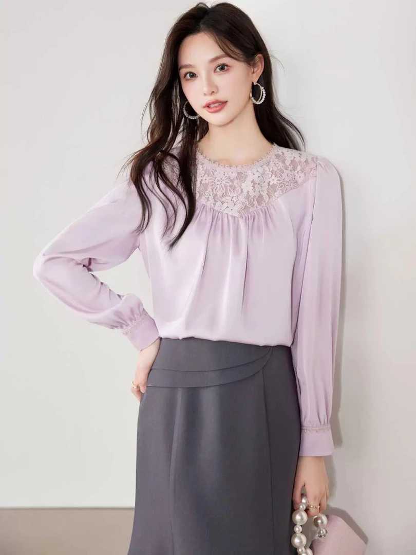 〔怡怡家〕春季新款设计感蕾丝拼接上衣2510