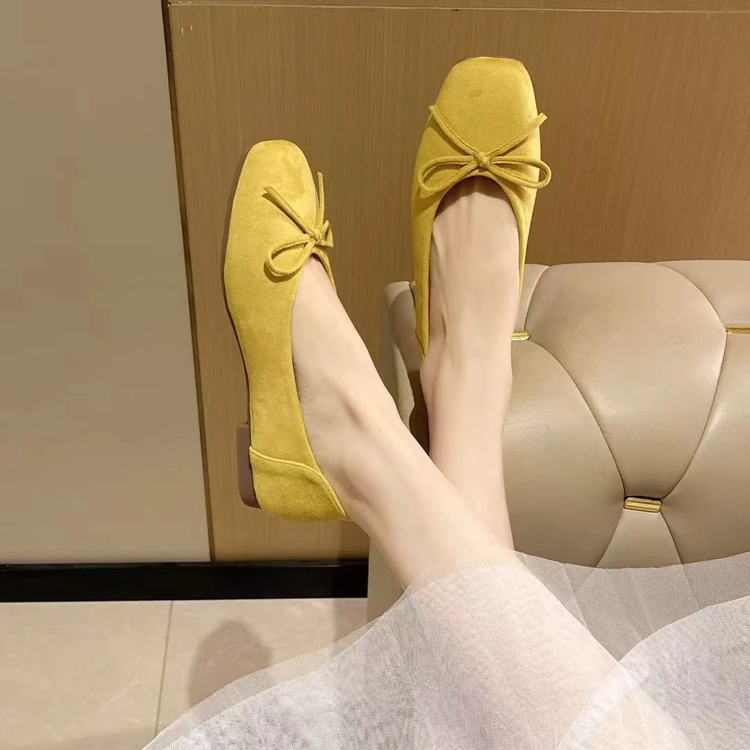 D30绝美内增高绒面米色芭蕾舞单鞋复古方头气质蝴蝶结晚风鞋子女