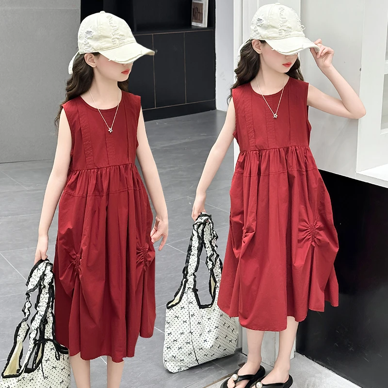 女童夏装红色连衣裙2025新款儿童洋气时髦无袖背心裙中大童公主裙