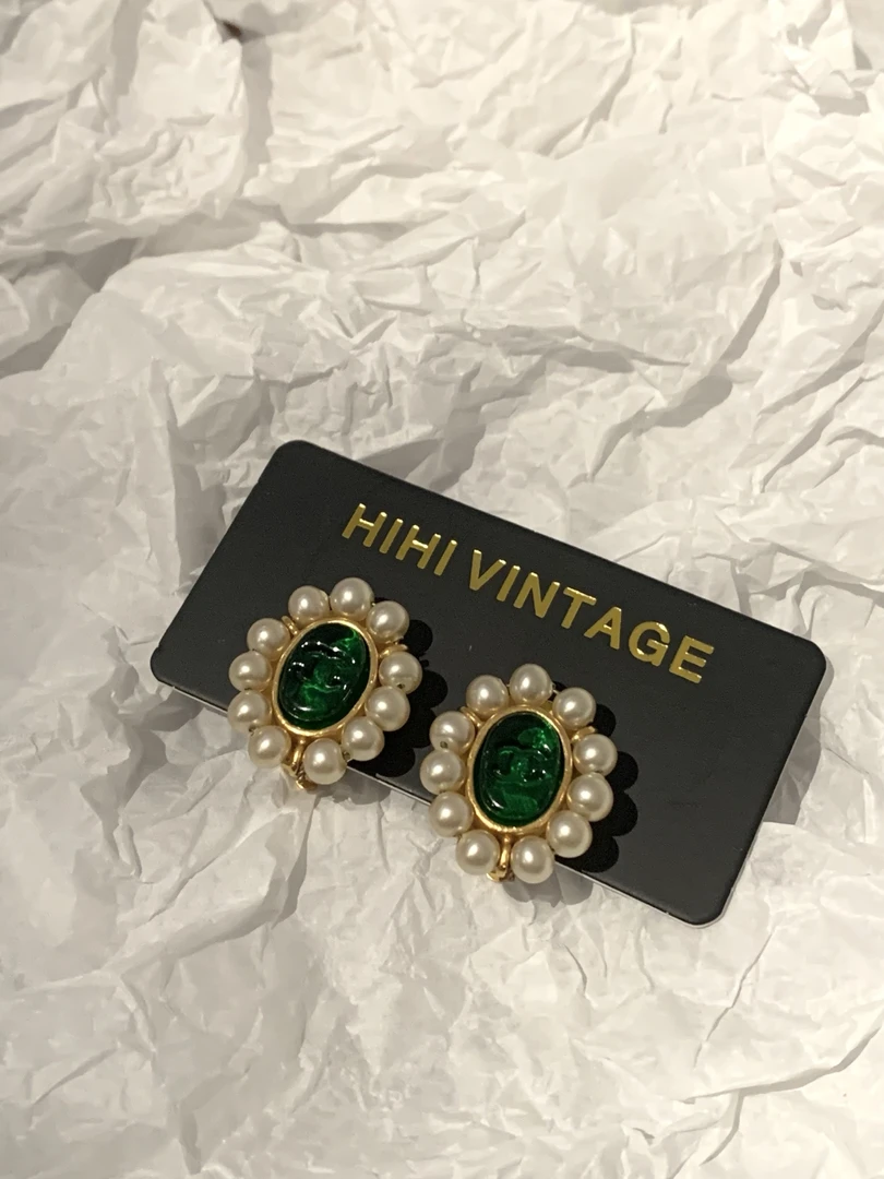 95新 Chanel/香奈儿 Chanel 94A 绿琉璃珍珠耳夹/11936467