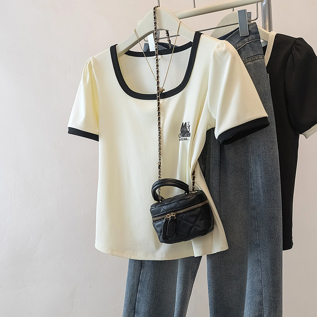 yoewshean/羽媗胖妹妹大码微胖女装短袖t恤宽松遮肚子显瘦方领