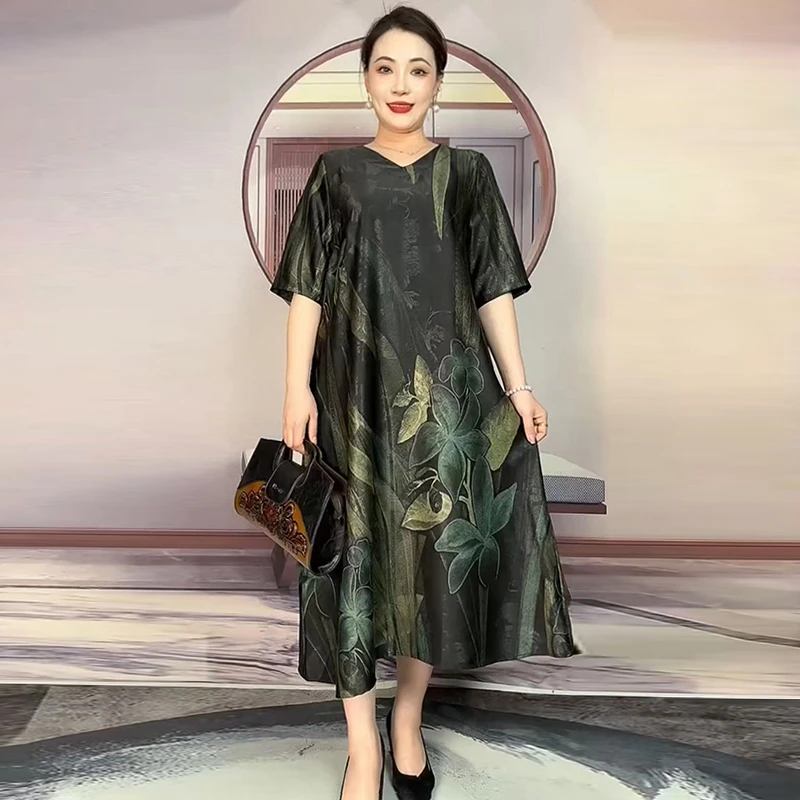 夏季大码女装200斤连衣裙夏季新款垂坠感中长裙宽松遮肚洋气长裙