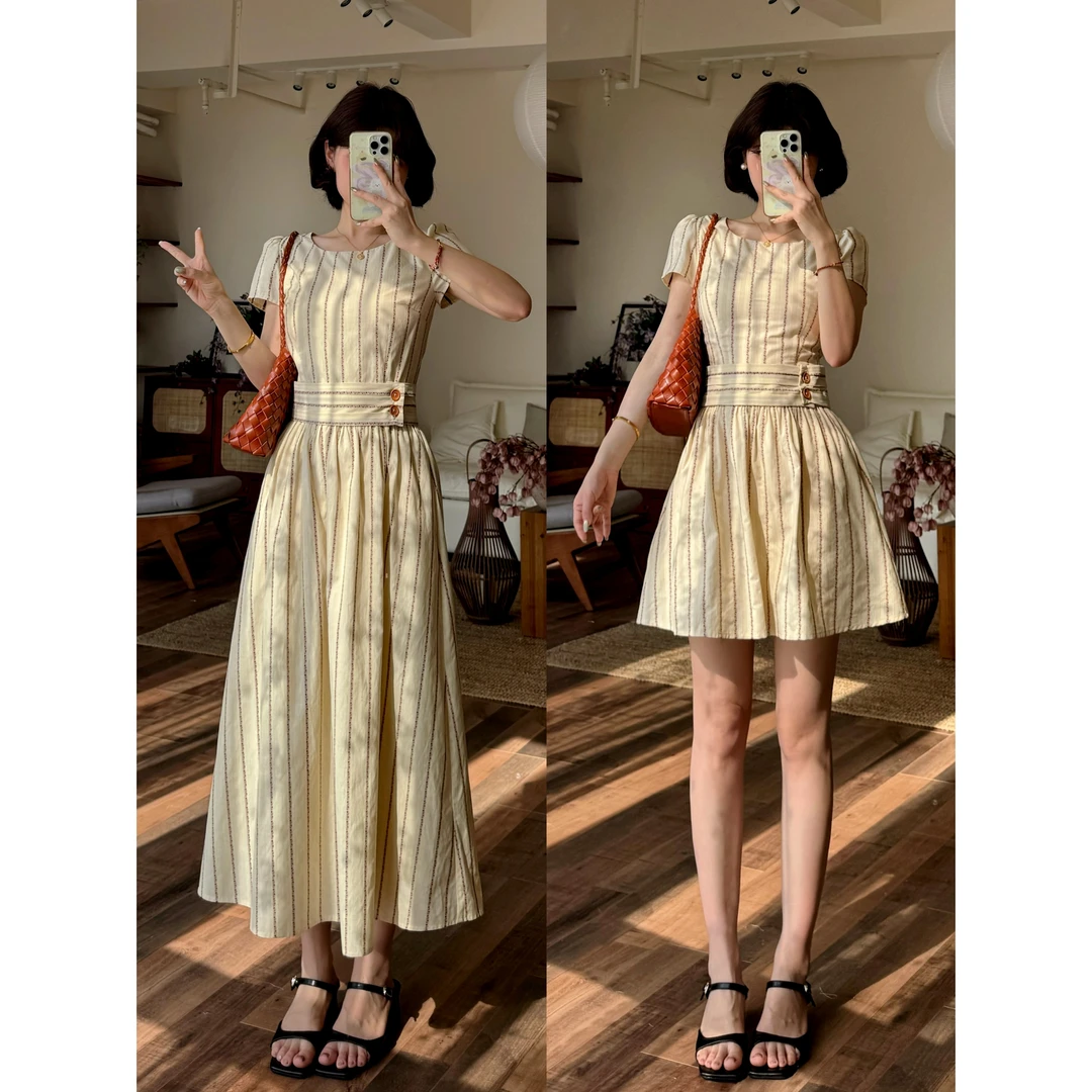 蕾英俊-芝士奶霜-夏季法式圆领杏色条纹优雅气质连衣裙JF6467