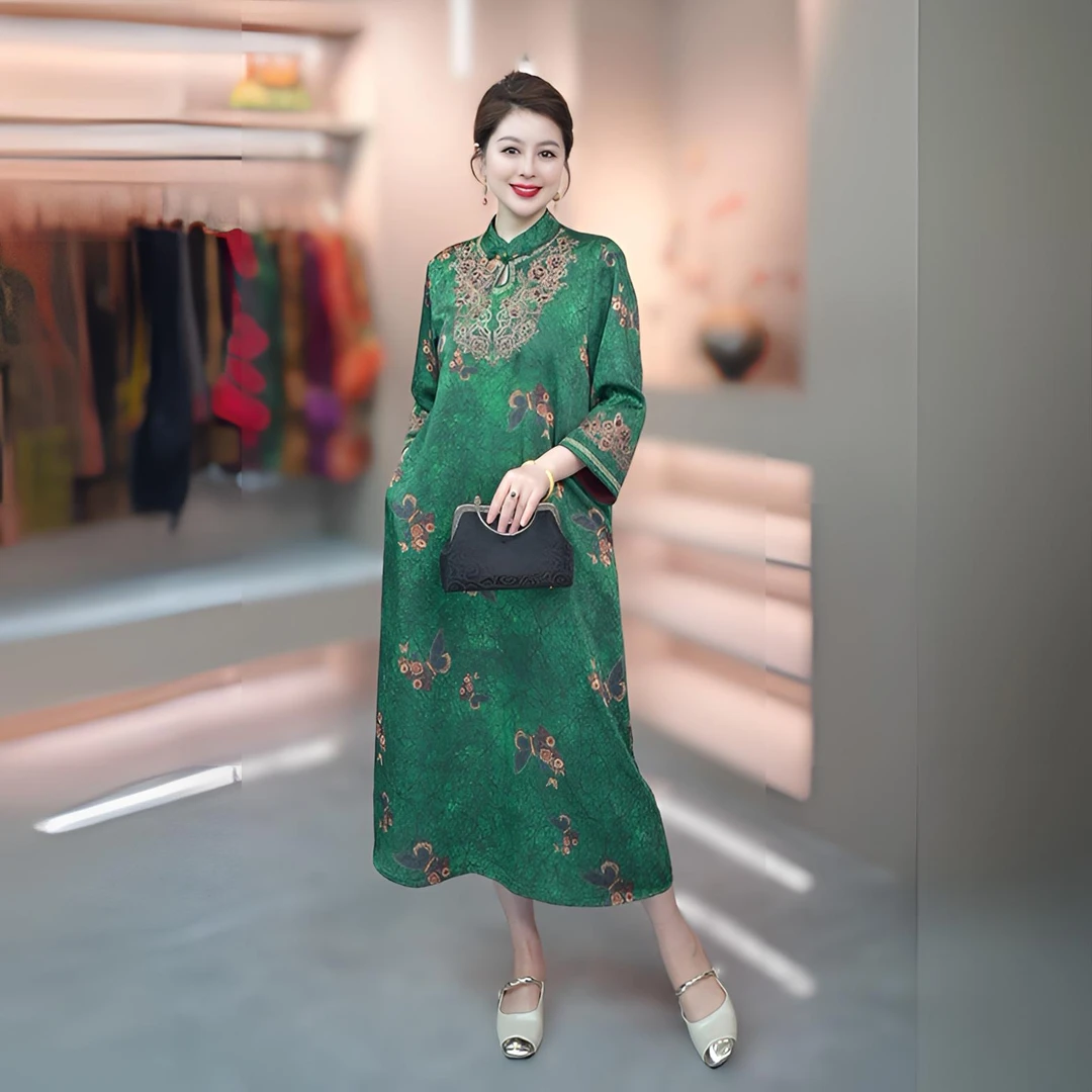 翠蝶新中式连衣裙新款时尚百搭显瘦长袖气质中长款中国风刺绣花萝