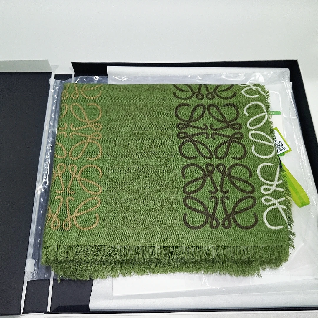 LOEWE罗意威羊毛真丝绿色拼色丝巾