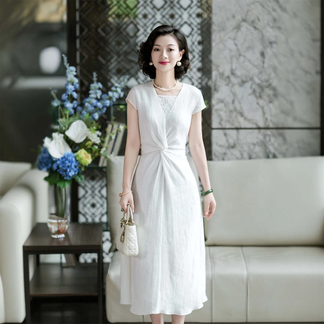 西子/【白鸥】法式蕾丝拼接V领扭结绑带收腰显瘦白色连衣裙/CQYF054