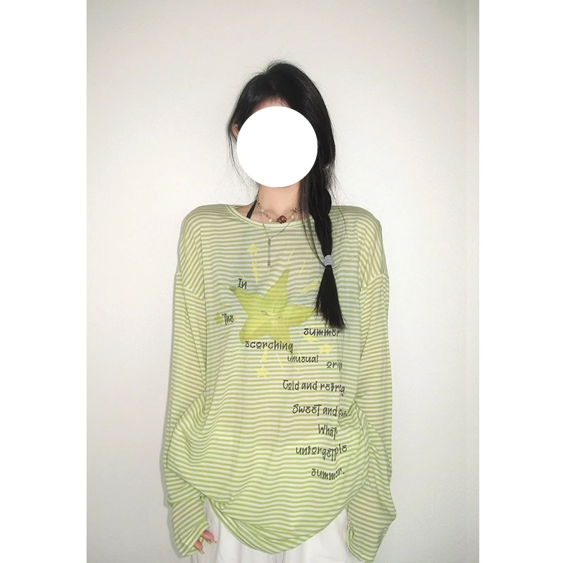 KAIDIQI/凯迪琦美式慵懒水果条纹长袖t恤女夏季薄款宽松