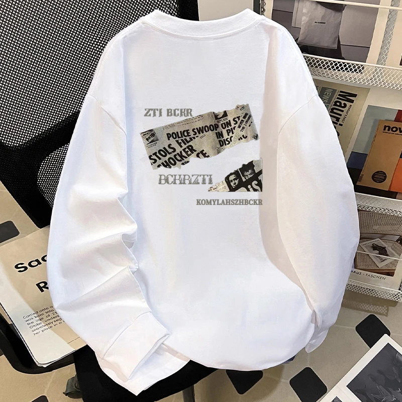 260G重磅纯棉美式潮牌百搭设计破碎报纸印花街头风螺口长袖宽松款