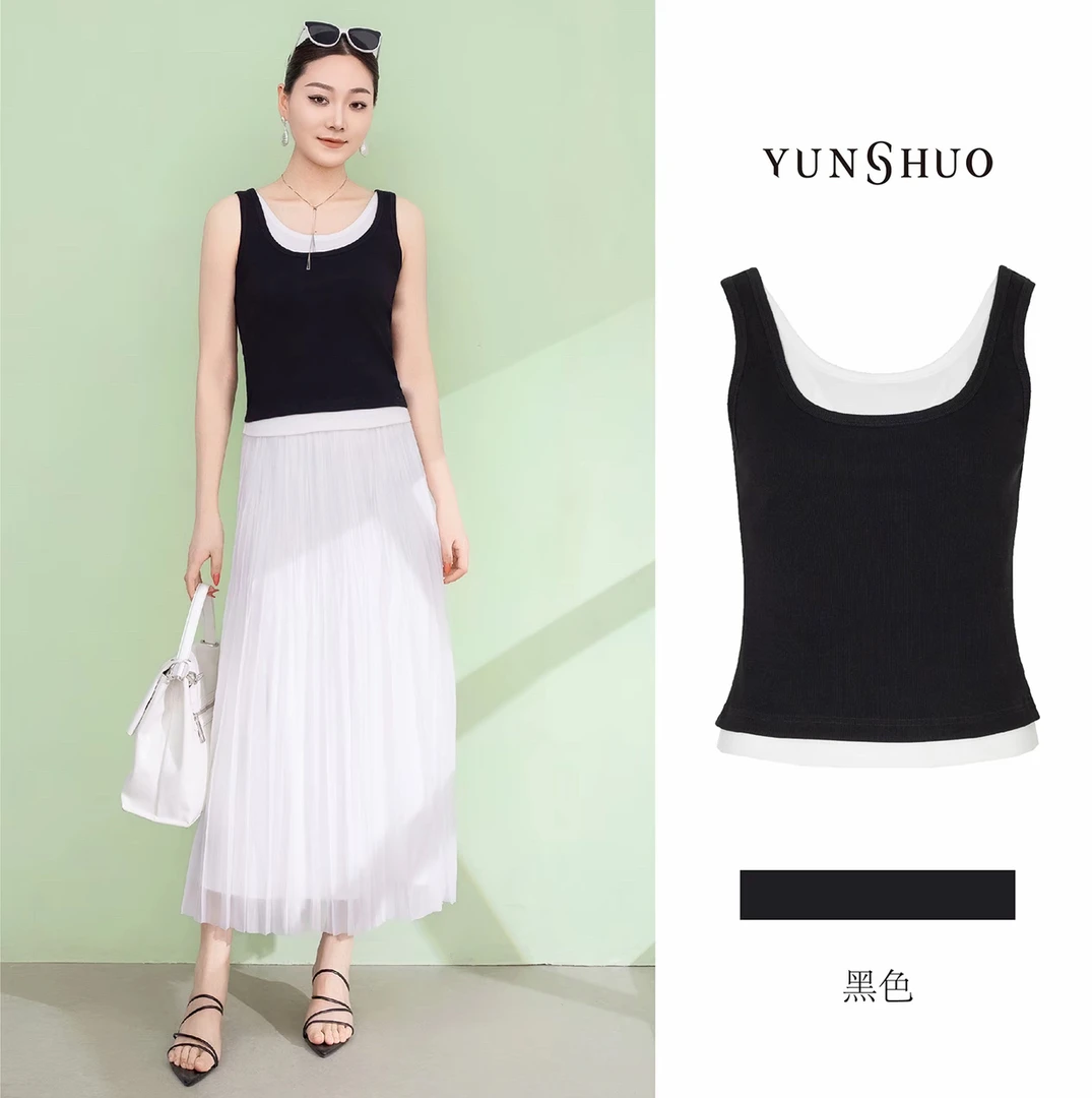 女士黑白撞色修身无袖圆领假两件背心