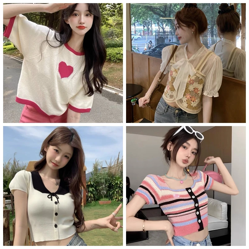 邱-高腰修身露脐辣妹短款小个子显瘦短袖针织上衣时尚