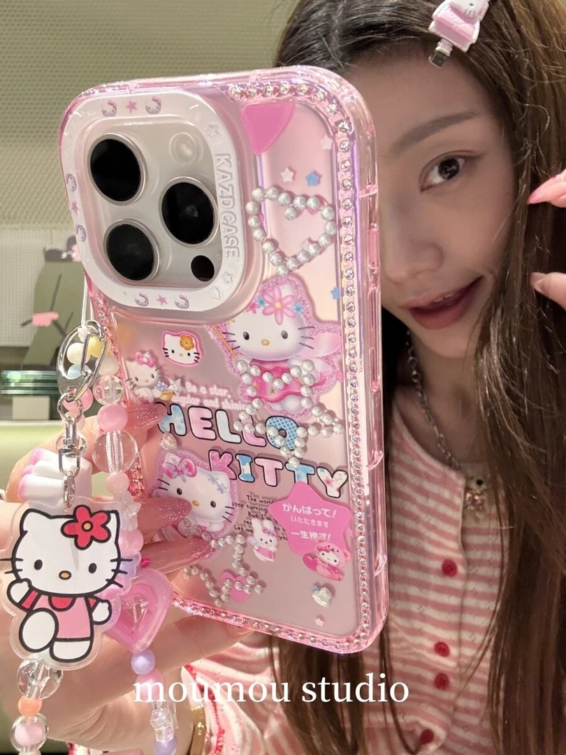 卡通可爱天使KT边钻荧光壳适用苹果16/15/14/13全包防摔手机壳