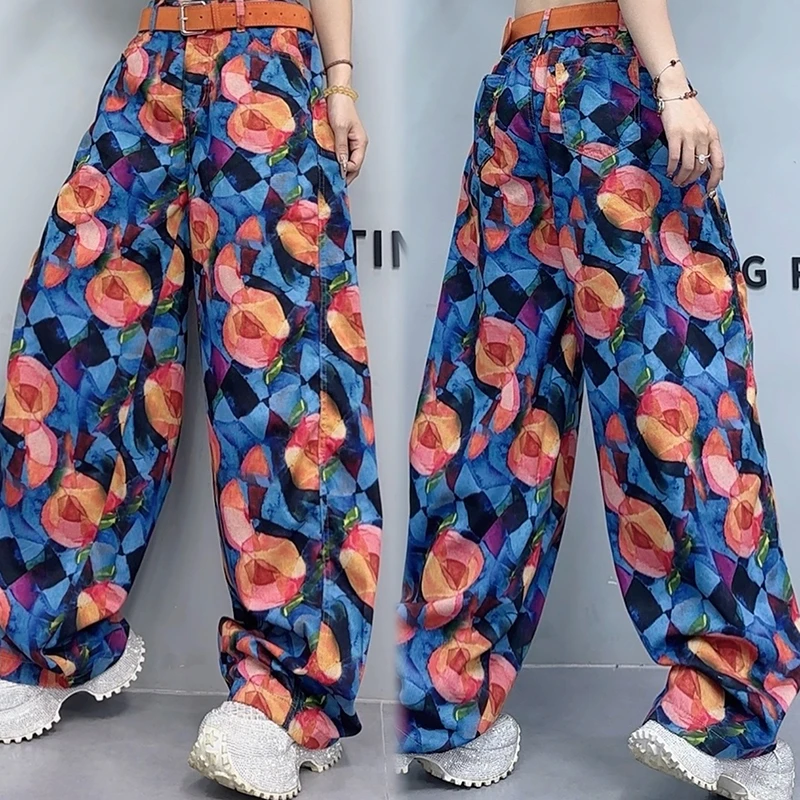 夏季新款阔腿牛仔裤弯刀裤女2025时尚宽松百搭休闲裤花裤子-7028