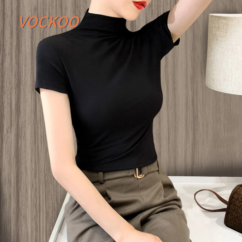 VOCKOO2025夏季新款黑色修身高领短袖T恤莫代尔显瘦纯色洋气打底