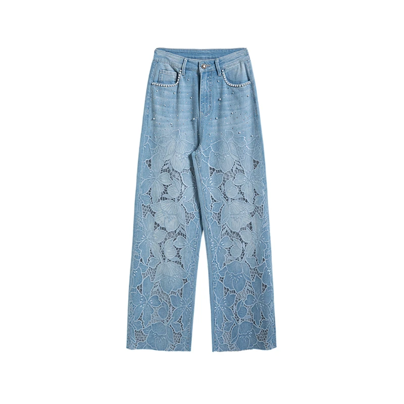 春夏季新款蓝色重工镂空刺绣花钉珠高腰阔腿直筒宽松长裤8923A