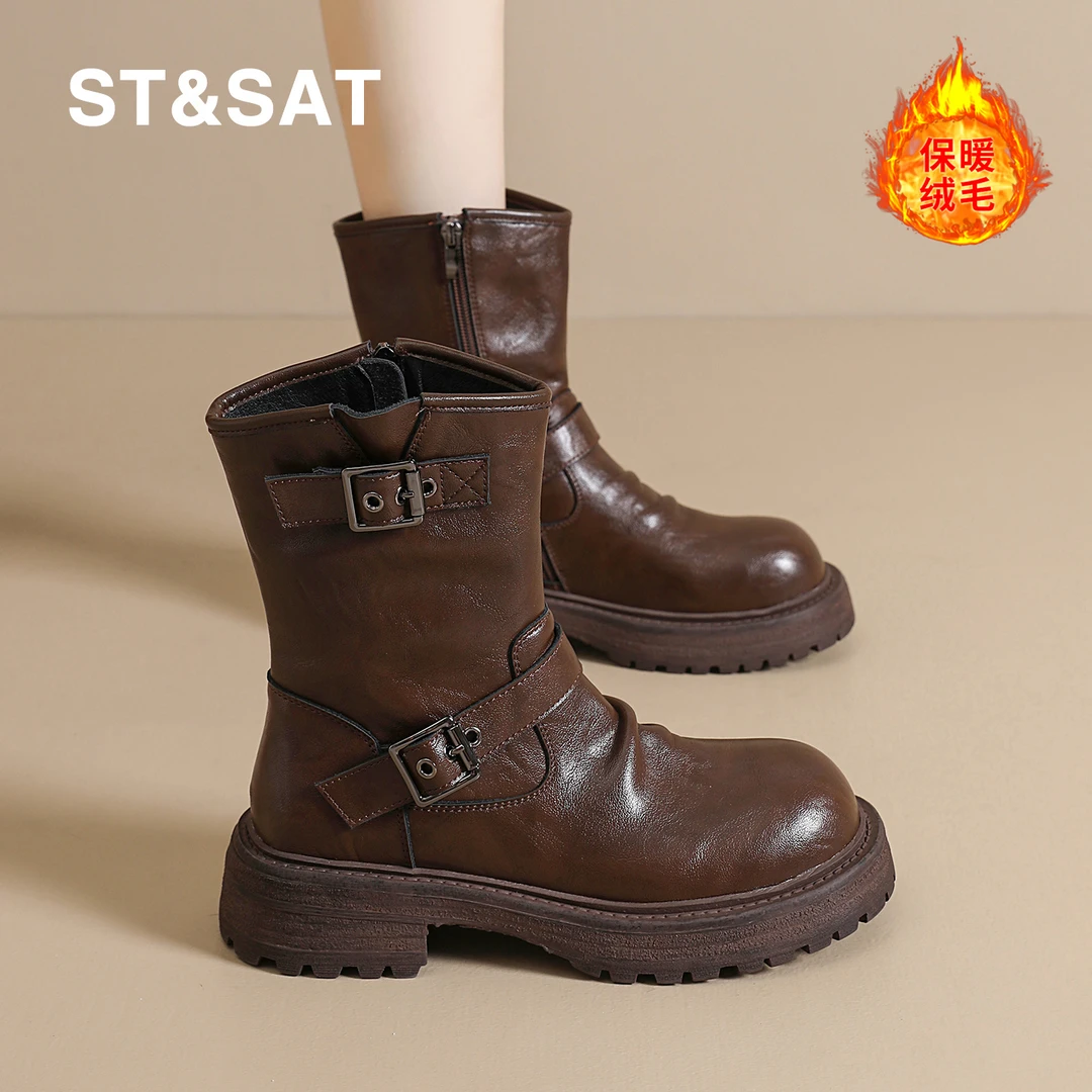 星期六女鞋旗舰店马丁靴厚底2025冬季新款复古中筒圆头英伦风短靴