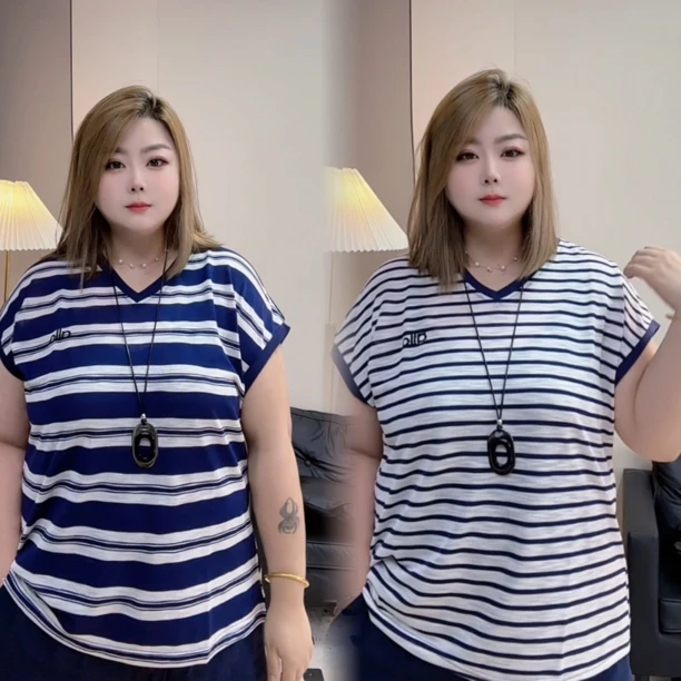 大码上衣女胖mm夏季薄款遮肉肚子显瘦条纹衫v领短袖T恤宽松上衣
