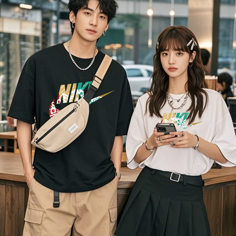 国潮印花t恤男士运动休闲半袖宽松夏季圆领情侣纯棉短袖打底T恤