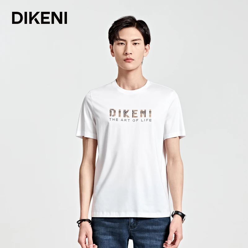 迪柯尼 玉蝉丝时尚IP圆领男士复古格纹字母印烫钉珠T恤12325G229