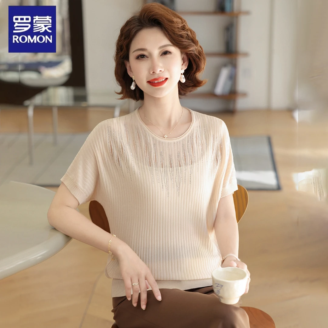 罗蒙今年流行的妈妈上衣中老年人女装夏季圆领时尚钉珠针织衫夏