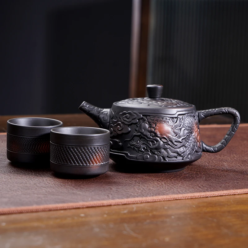 云南建水原矿紫陶风鸣祥龙壶茶壶紫陶（一壶两杯不带礼盒）