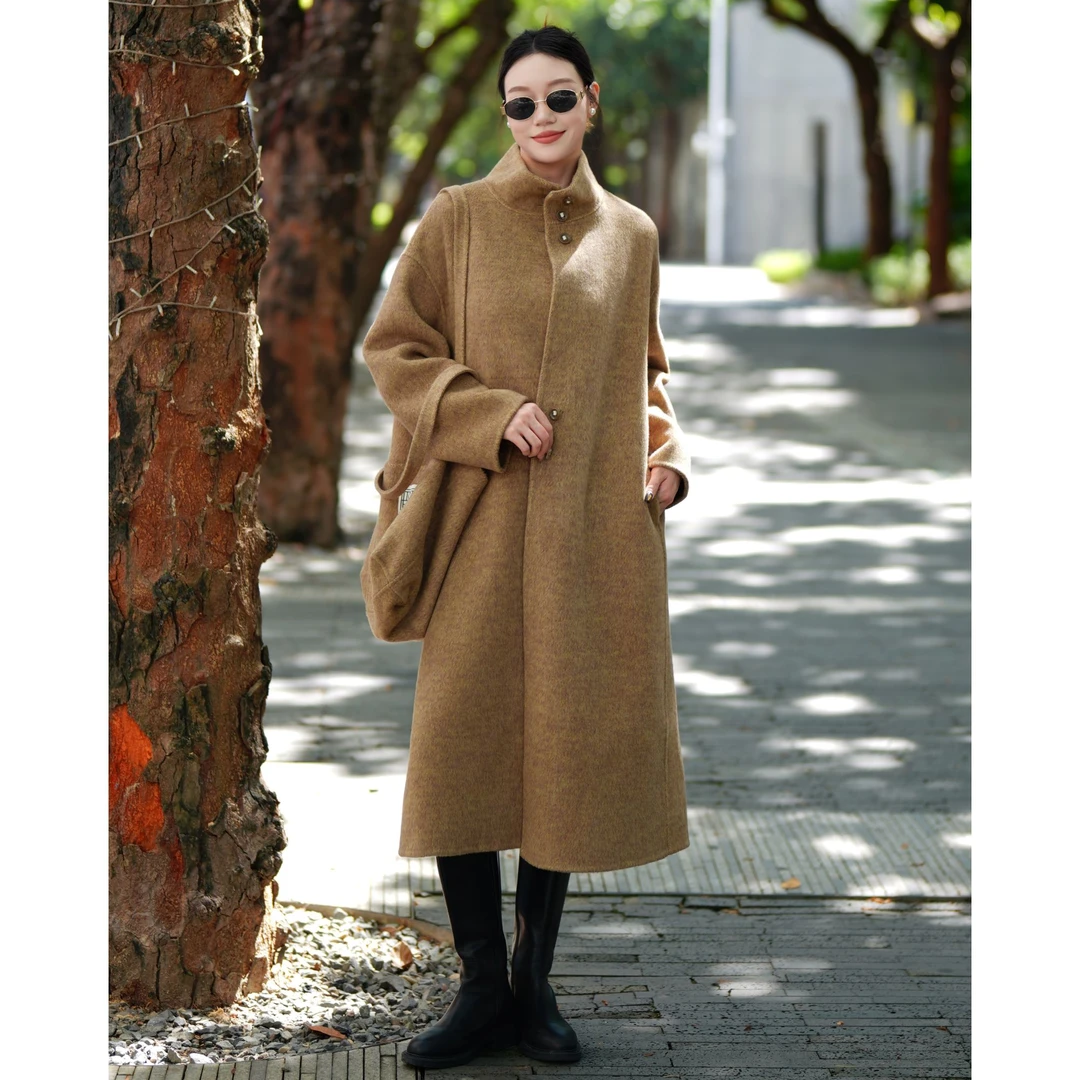 ZEROYK美拉德咖色绵羊毛带包包大衣女秋冬高级感双面毛呢宽松外套