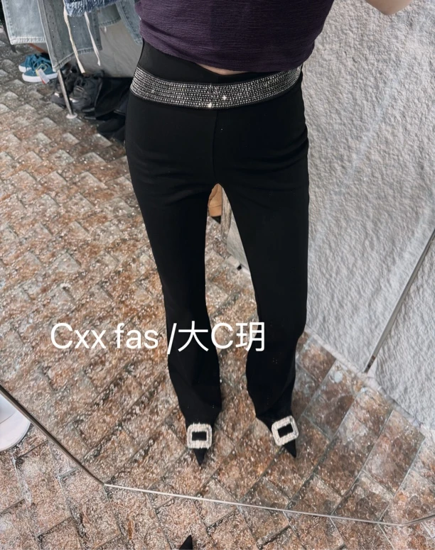 【CXX】6666早春新款显瘦腰头拉钻小黑裤