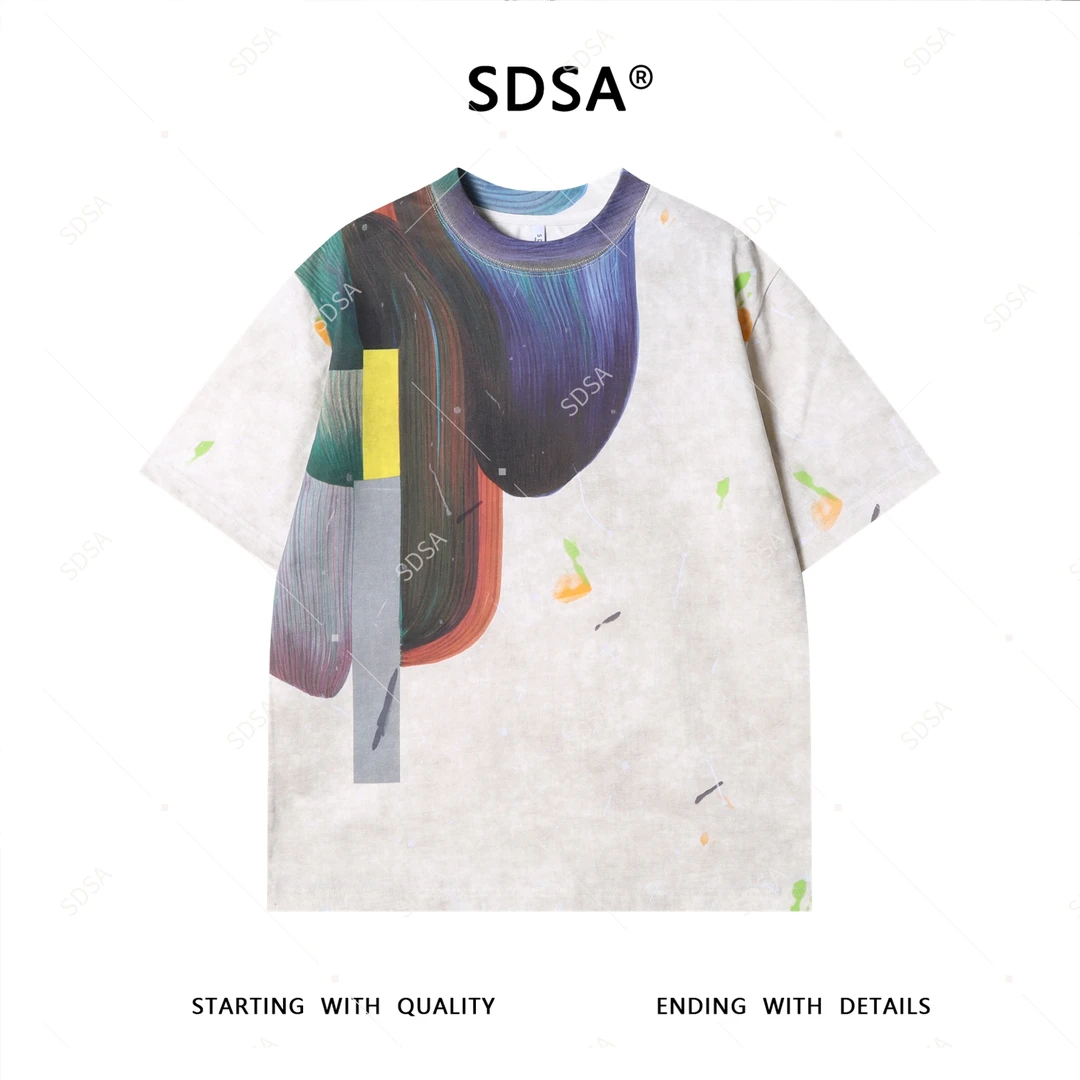 SDSA夏季新款男士痞帅韩版领口印花泼墨圆领短袖T恤百搭时尚上衣