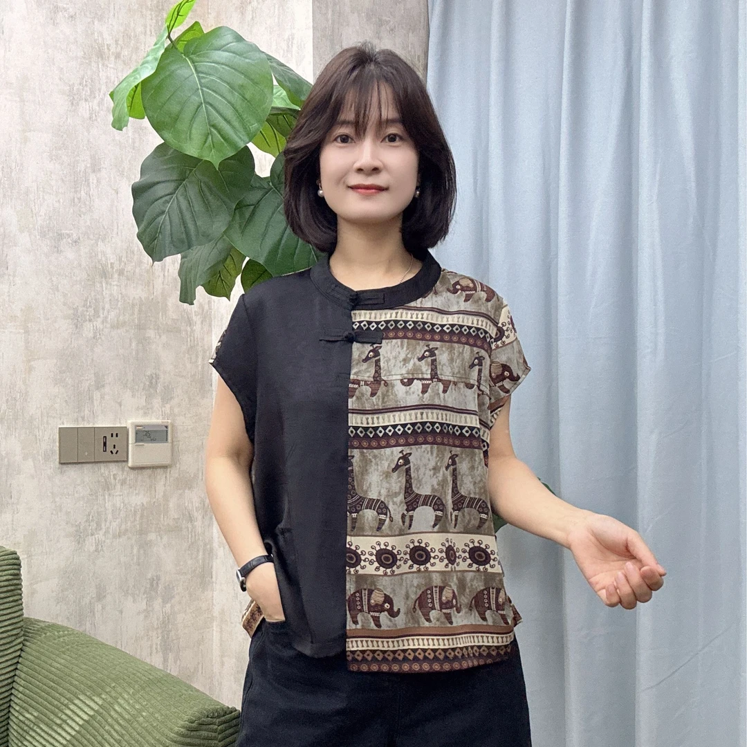 8887薄款印花短袖圆领复古套头夏季衬衫中式提花盐系少年感国风