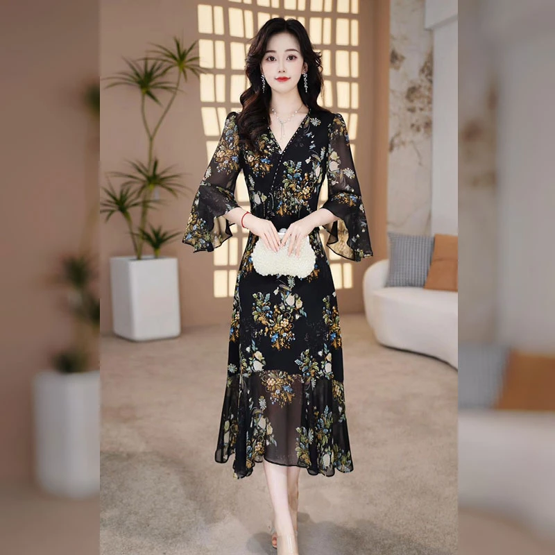 【千羽定制】气质碎花连衣裙女2025新款夏季法式显瘦修身高端鱼尾裙