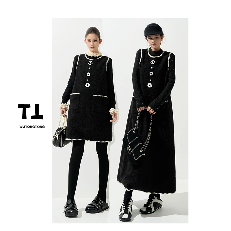 现货【水晶花】冬季新款加厚背带裙女宽松过膝气质无袖连衣裙62977