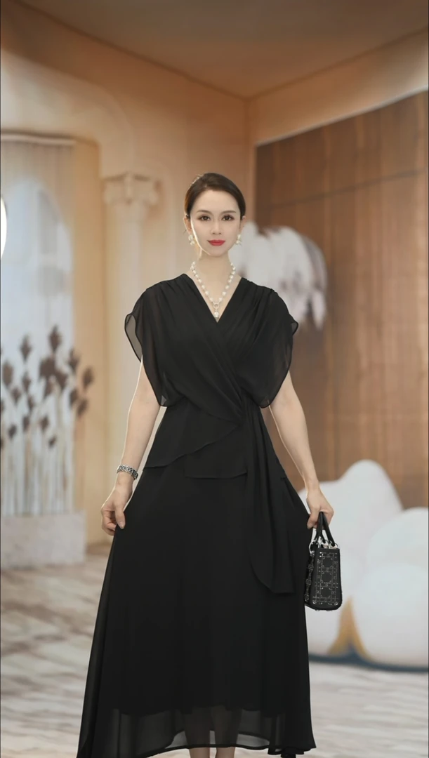 MissTuTu2025夏季V领无袖气质时尚显瘦不规则轻熟风长裙