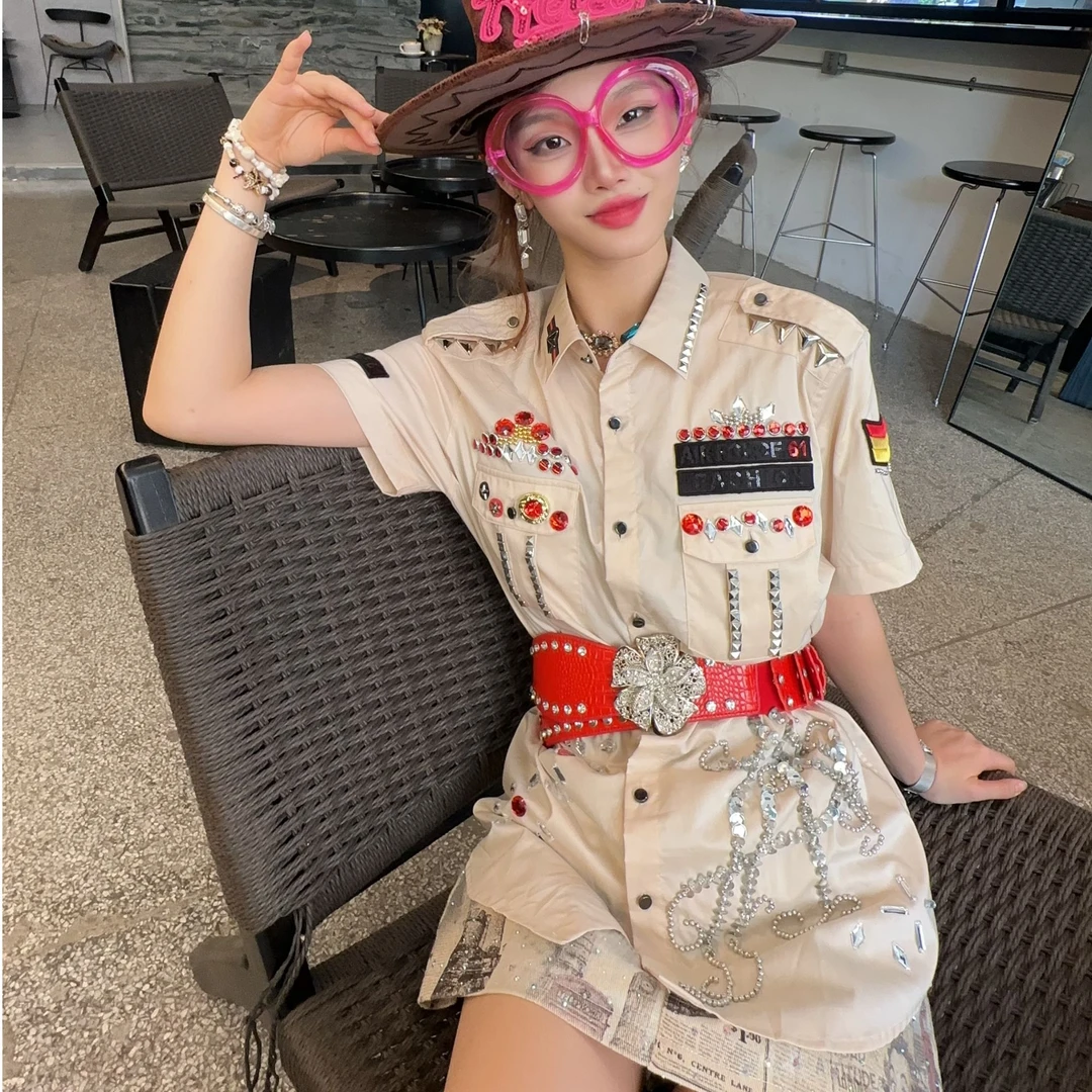 MM0083 木木原创重工钉珠手工镶钻复古高级感宽松百搭短袖衬衣女