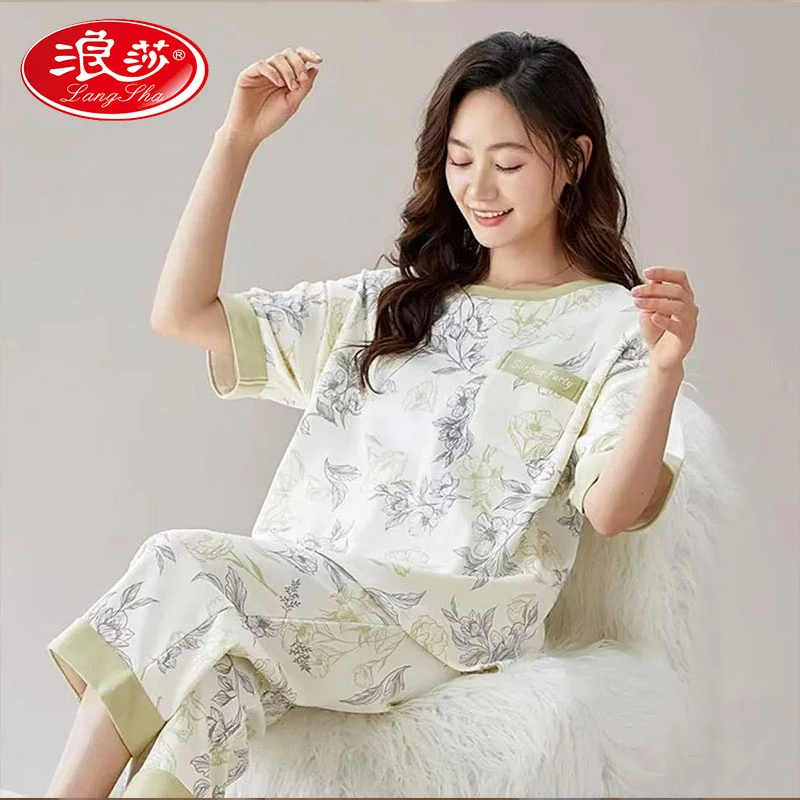 浪莎品牌新款睡衣女三件套夏季薄款短袖七分裤短裤甜美休闲套装LS