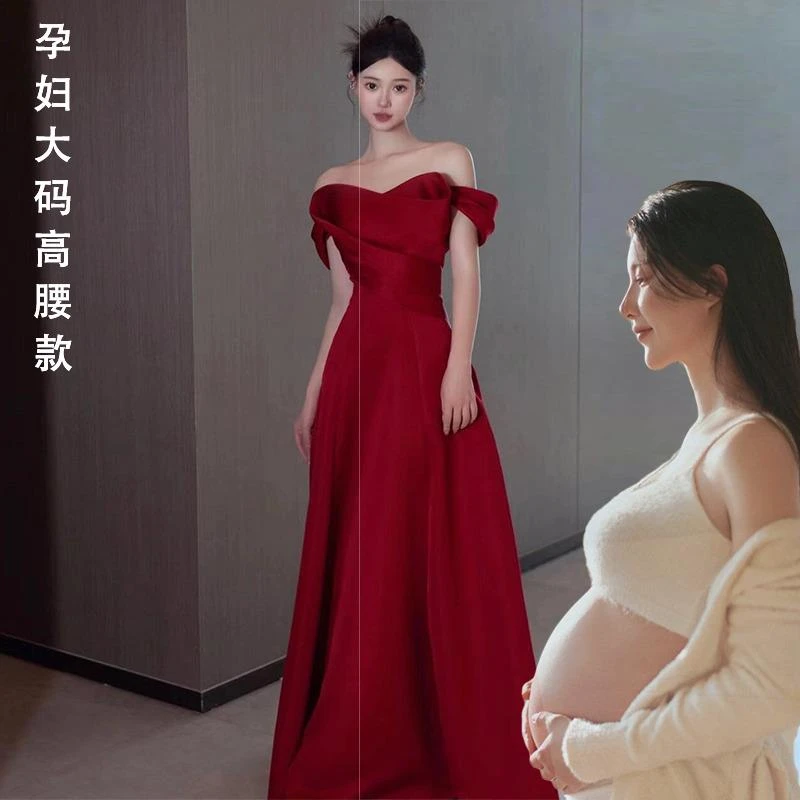 大码敬酒服2025新款法式复古高级感胖mm酒红色回门一字肩订婚礼服