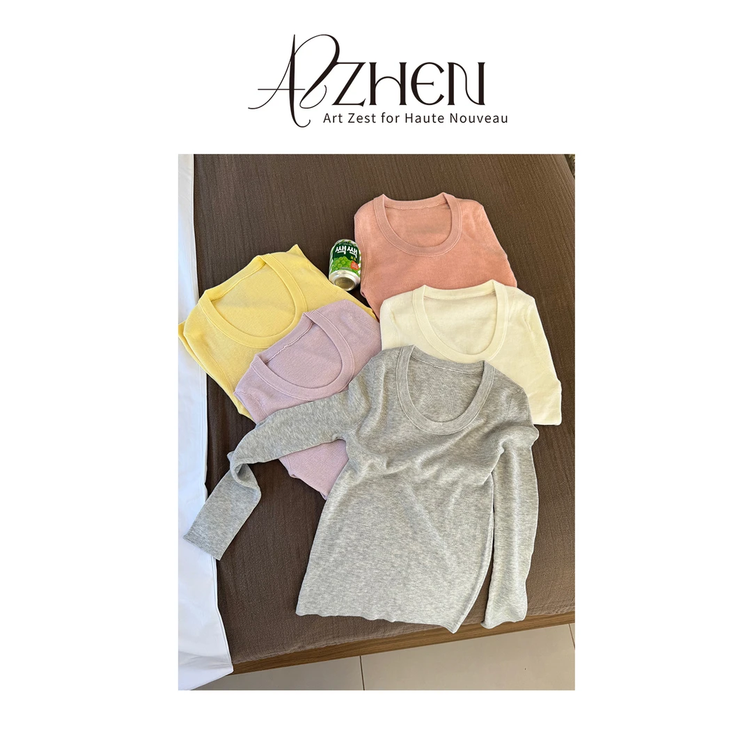 （秋势力周）AZZHEN【万精油】美丽诺羊毛纯色U领打底AZ4KBT37-00