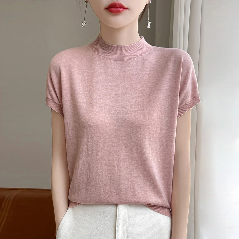 高端大码女装夏胖mm冰丝针织衫女士短袖t恤遮肚子显瘦半高领上衣